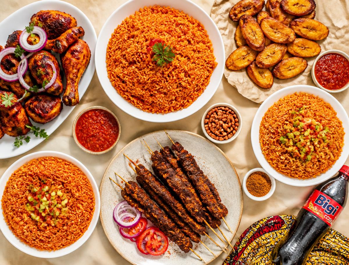 Nigerian food spread with jollof rice, grilled chicken, plantain and suya