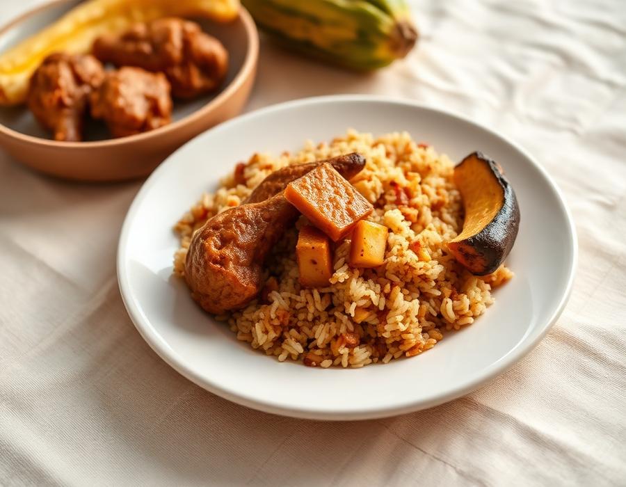 Plate of jollof rice with chicken and plantain